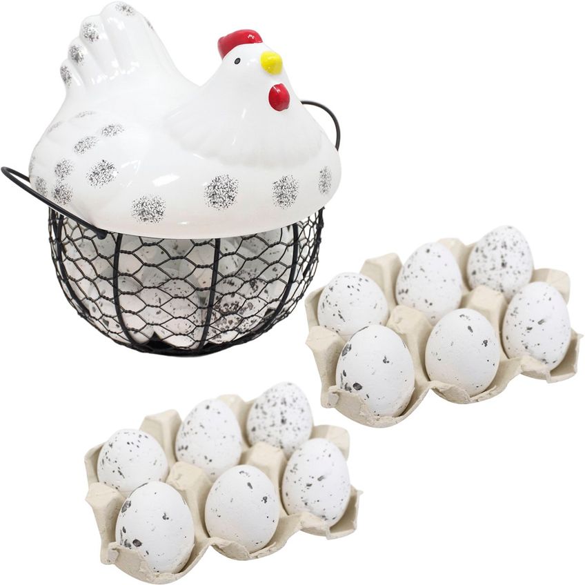 Cesto Galinha Porta Ovos Cerâmica Decorativo 12 Ovos Branco - imagem 2