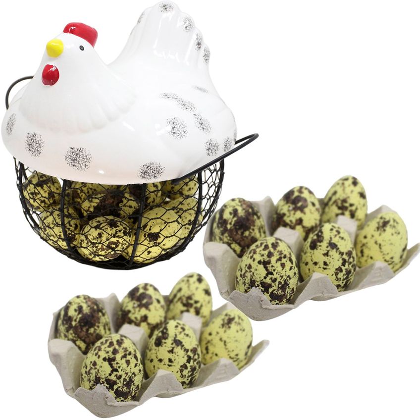 Cesto Galinha Porta Ovos Cerâmica Decorativo 12 Ovos Amarelo - imagem 2