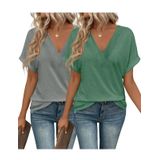Camiseta Feminina Eymuse, Moda Praia, Decote Em V, Cinza E Verde Escuro