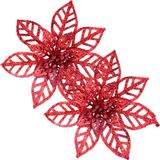 Kit 20 Flores Vermelha Gliter Decoração Árvore De Natal 14cm