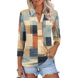 Blusa Zhenwei Camisa Polo Xadrez Feminina De Manga 3/4 Com Decote Em V