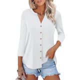 Camiseta Feminina Orandesigne, Manga 3/4, Decote Em V, Com Botões, Branca