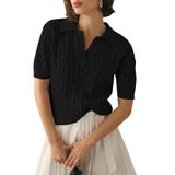 Suéter Feminino Micoson 2025, Moderno, Lapela, Decote Em V, Preto, Xxl