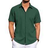 Camisa Masculina J.ver, De Linho, Manga Curta, Com Botões, Verde Escuro