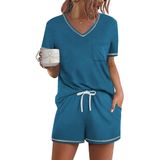 Conjunto De Pijama Feminino Ekouaer, Manga Curta, Lounge, Azul, Verde
