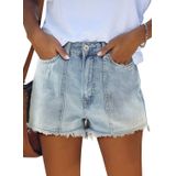 Apenas Shorts Jeans Folhados, Cintura Alta, Cortados, Azul Jeans, Para Mulheres