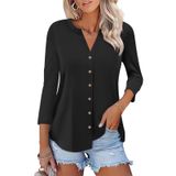 Camiseta Feminina Orandesigne, Manga 3/4, Decote Em V, Com Botões, Preta