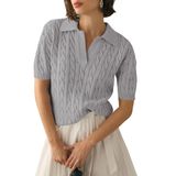 Suéter Feminino Micoson, Manga Curta, Decote Em V, Tricotado, Cinza
