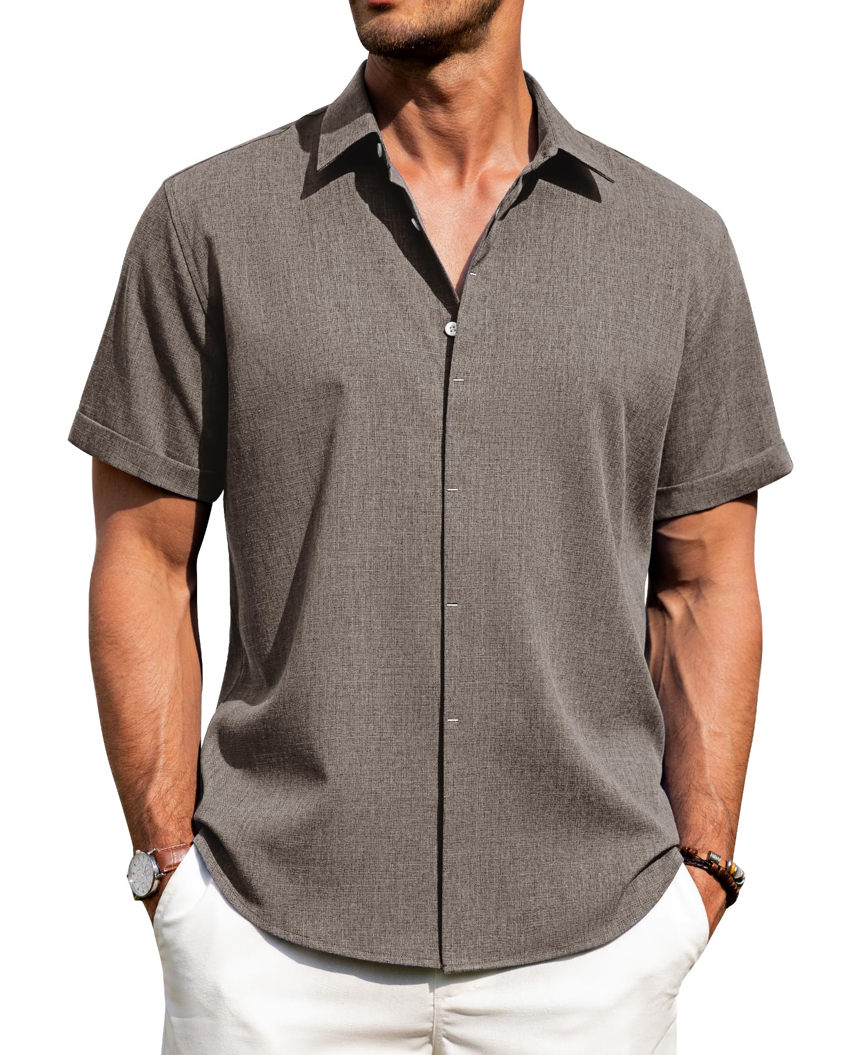 Camisa Masculina J.ver De Linho, Manga Curta, Marrom, Algodão, 3g