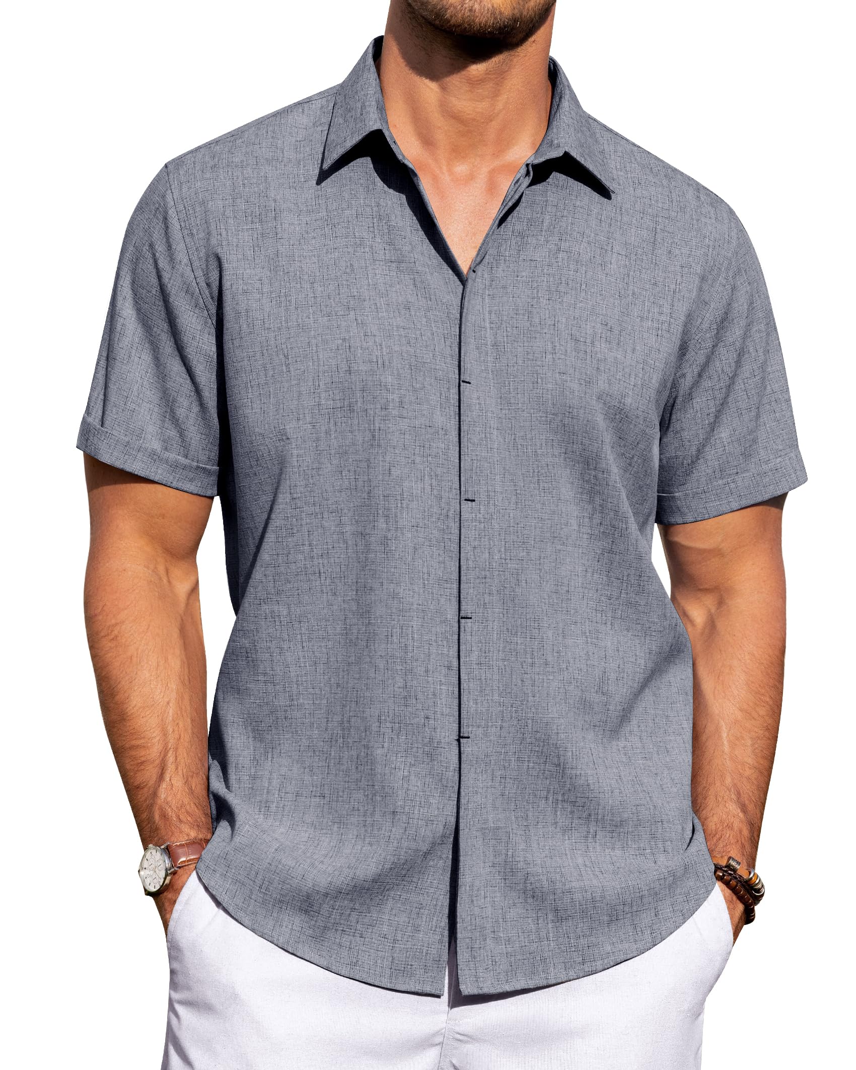 Camisa Masculina J.ver, Linho, Algodão, Manga Curta, Jeans, Azul, 3xl