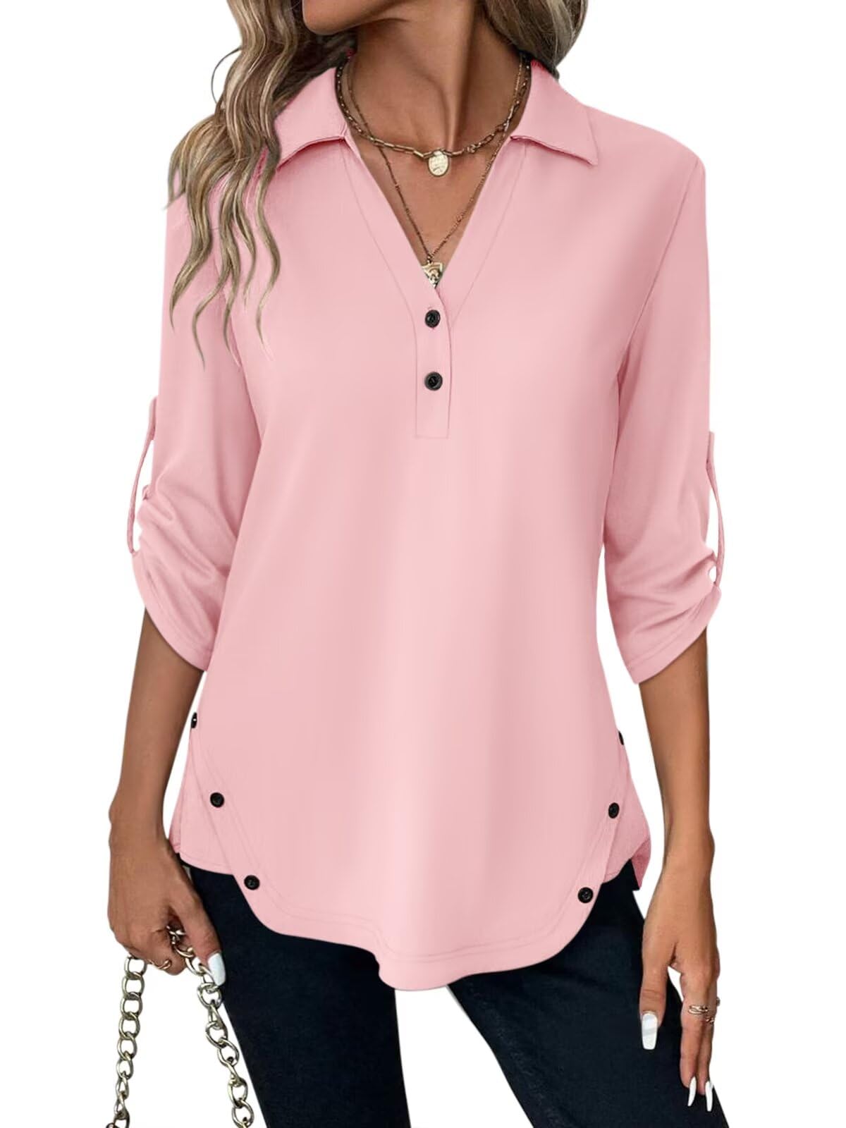 Túnica Feminina Ticticmiss, Manga 3/4, Decote Em V, Rosa Pêssego