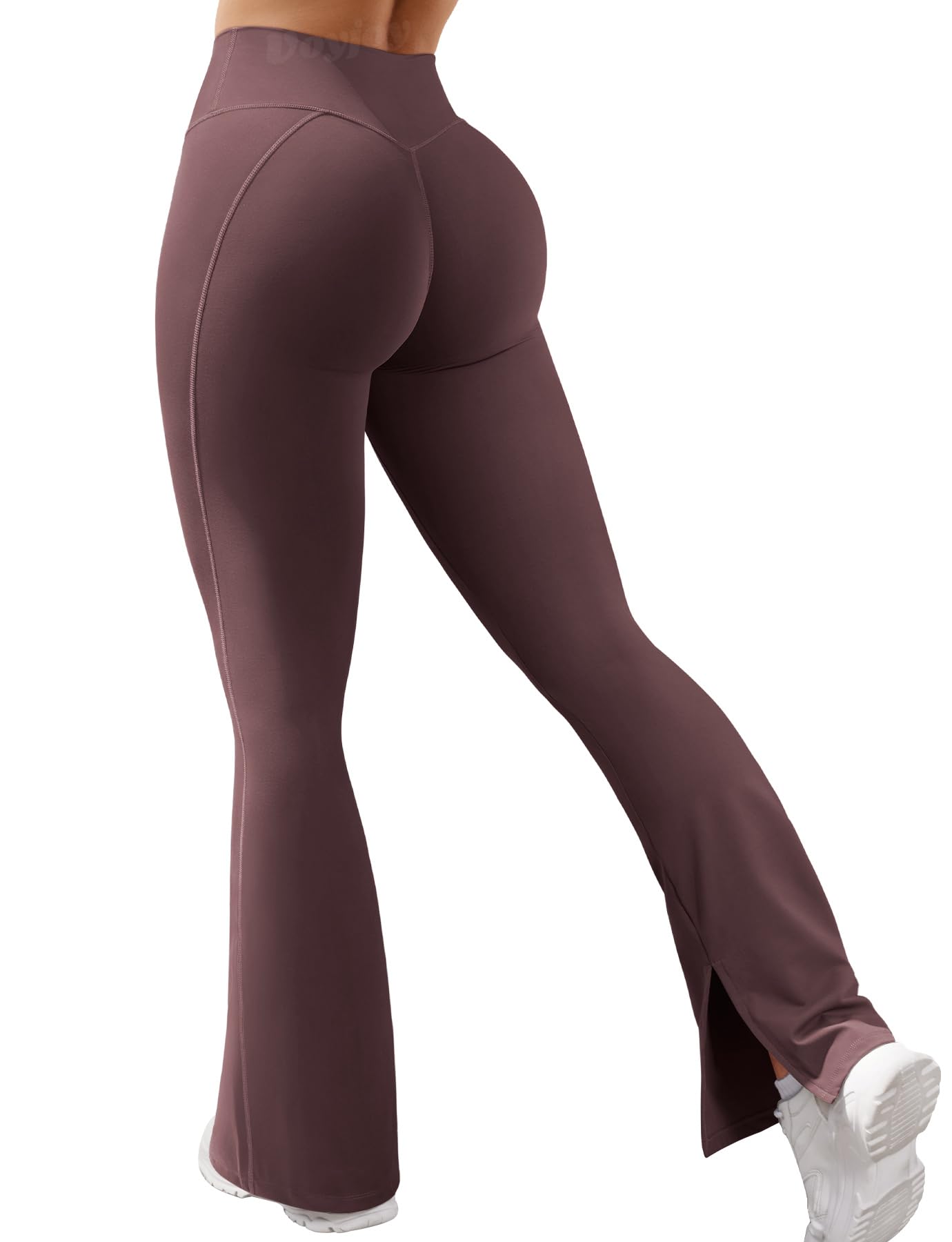 Leggings Femininas Voyjoy, Bainha Dividida, Cintura Alta, Marrom Ameixa