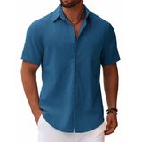 Camisa Masculina Casual Coofandy Com Textura De Linho, Manga Curta, Azul Marinho
