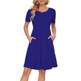 Vestido Feminino Auselily De Verão, Manga Curta, Comprimento Do Joelho, Azul, S