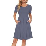 Vestido Feminino Auselily De Manga Curta De Verão Na Altura Do Joelho