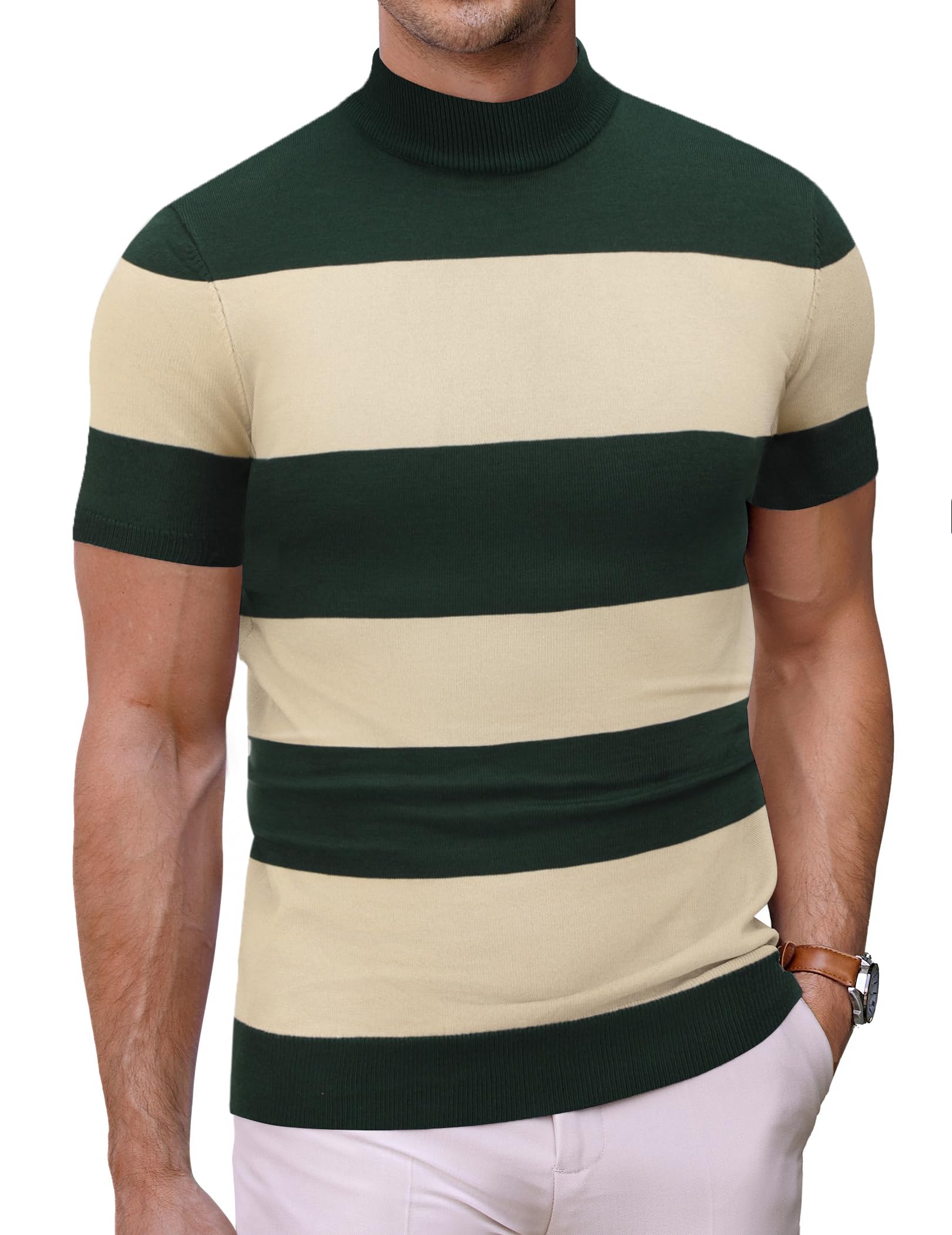 Suéter Masculino Coofandy Listrado Com Gola Simulada E Manga Curta