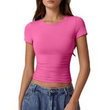 Camiseta Qinsen Com Gola Redonda E Manga Curta Para Mulheres Magenta L