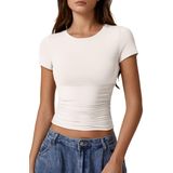 Camiseta Qinsen Com Gola Redonda, Forro Duplo, Manga Curta, Feminina, Bege