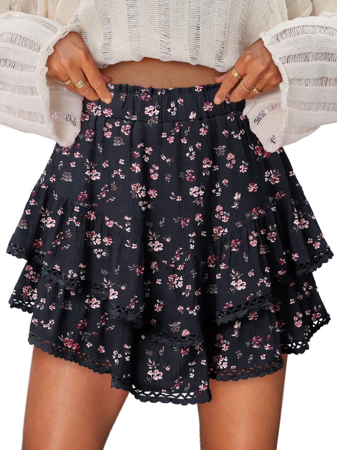 Shorts Onlypuff Flowy Ruffle Skirts Femininos Black Flower L