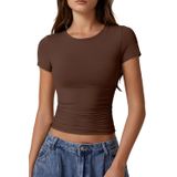 Top Curto Qinsen Feminino Com Gola Redonda E Manga Curta Mocha L