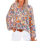 Blusa Btfbm Boho Com Estampa Floral De Chiffon Com Decote Em V, Manga Comprida
