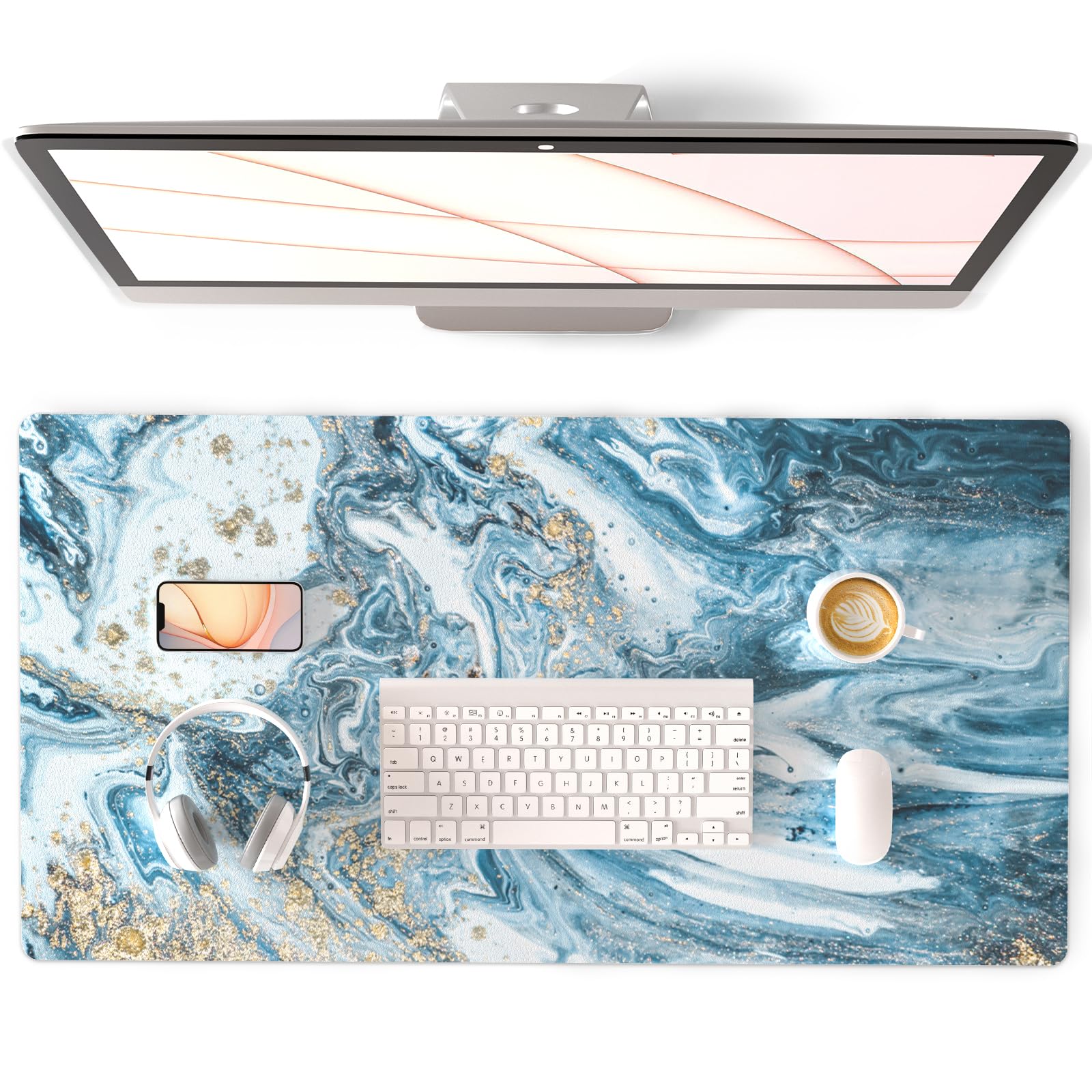 Almofada De Mesa Qiyi Grande Couro Pu Impermeável 80x40cm Mármore Azul