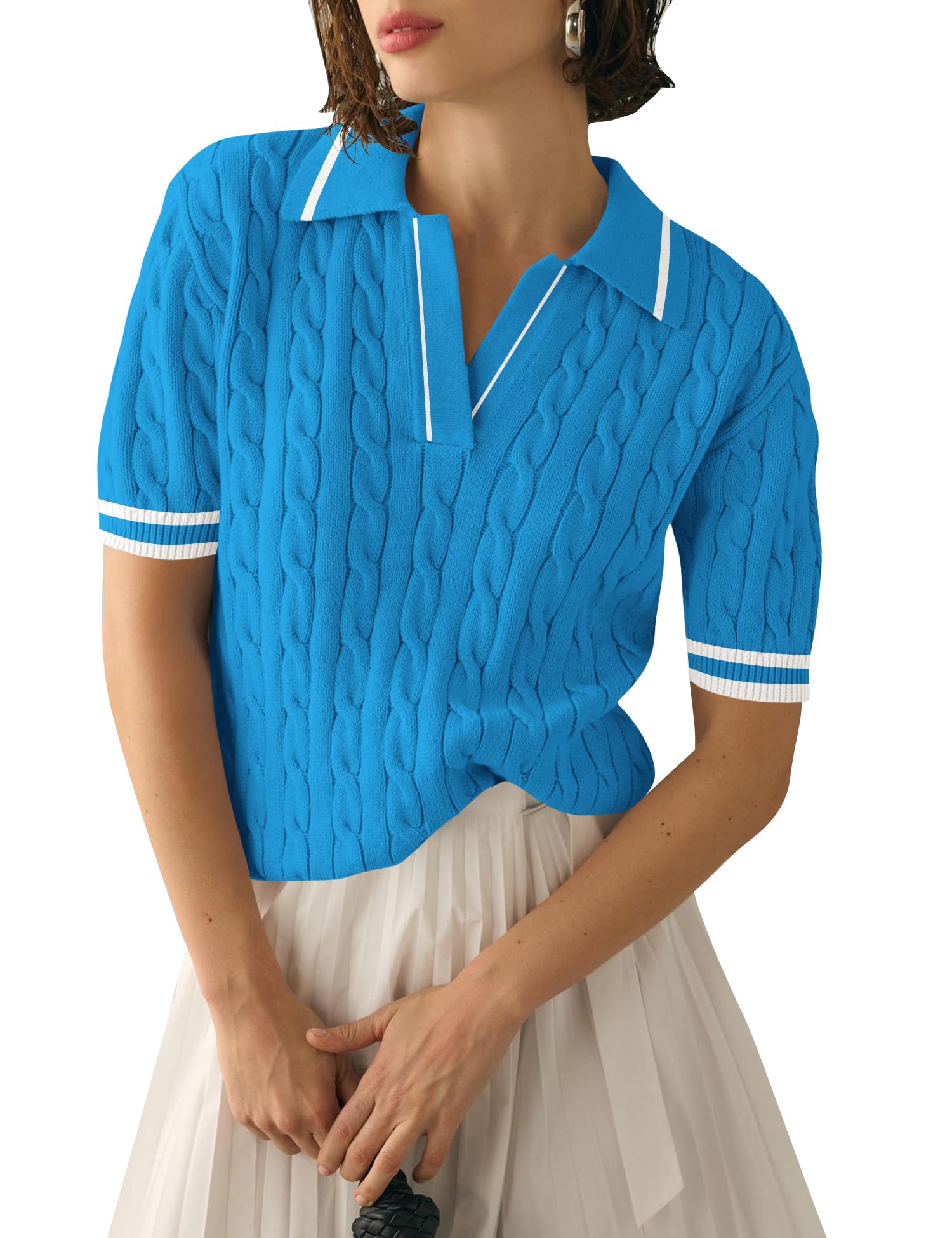 Suéter Micoson Summer De Manga Curta Com Decote Em V Feminino Azul Branco Xl