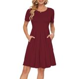 Vestido Feminino Auselily De Verão, Manga Curta, Comprimento Do Joelho, Vermelho L