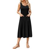 Vestido Zeagoo Summer Casual Sem Mangas Com Gola Redonda Aline Black