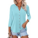 Camiseta Feminina Orandesigne, Manga 3/4, Decote Em V, Com Botões, Azul
