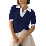 Camisa Micoson, Manga Curta, Lapela, Decote Em V, Tricotada, Feminina, Azul Marinho, Branco