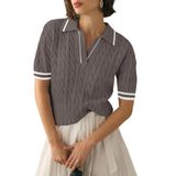 Suéter Feminino Micoson, Manga Curta, Decote Em V, Branco Café