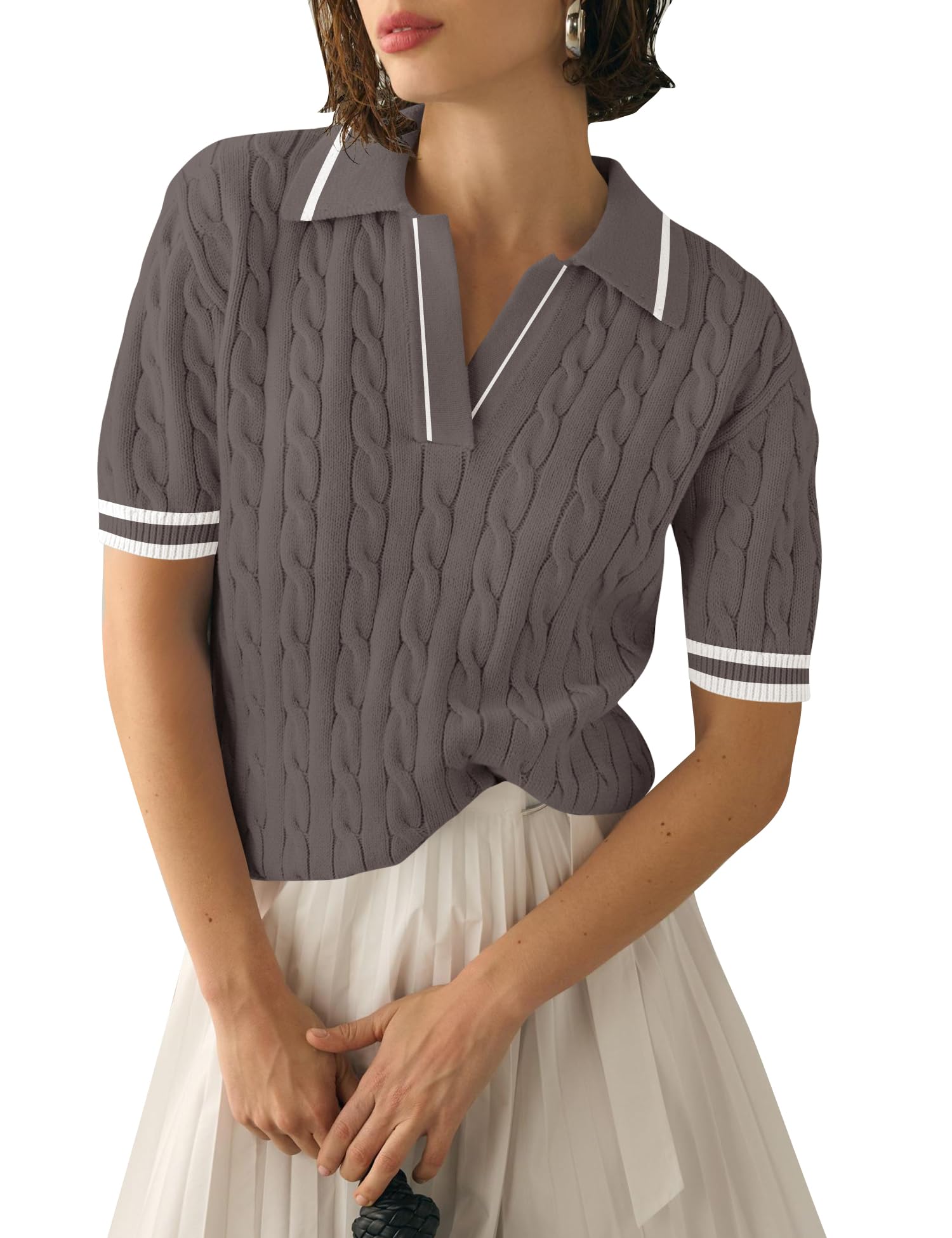 Suéter Feminino Micoson, Manga Curta, Decote Em V, Branco Café