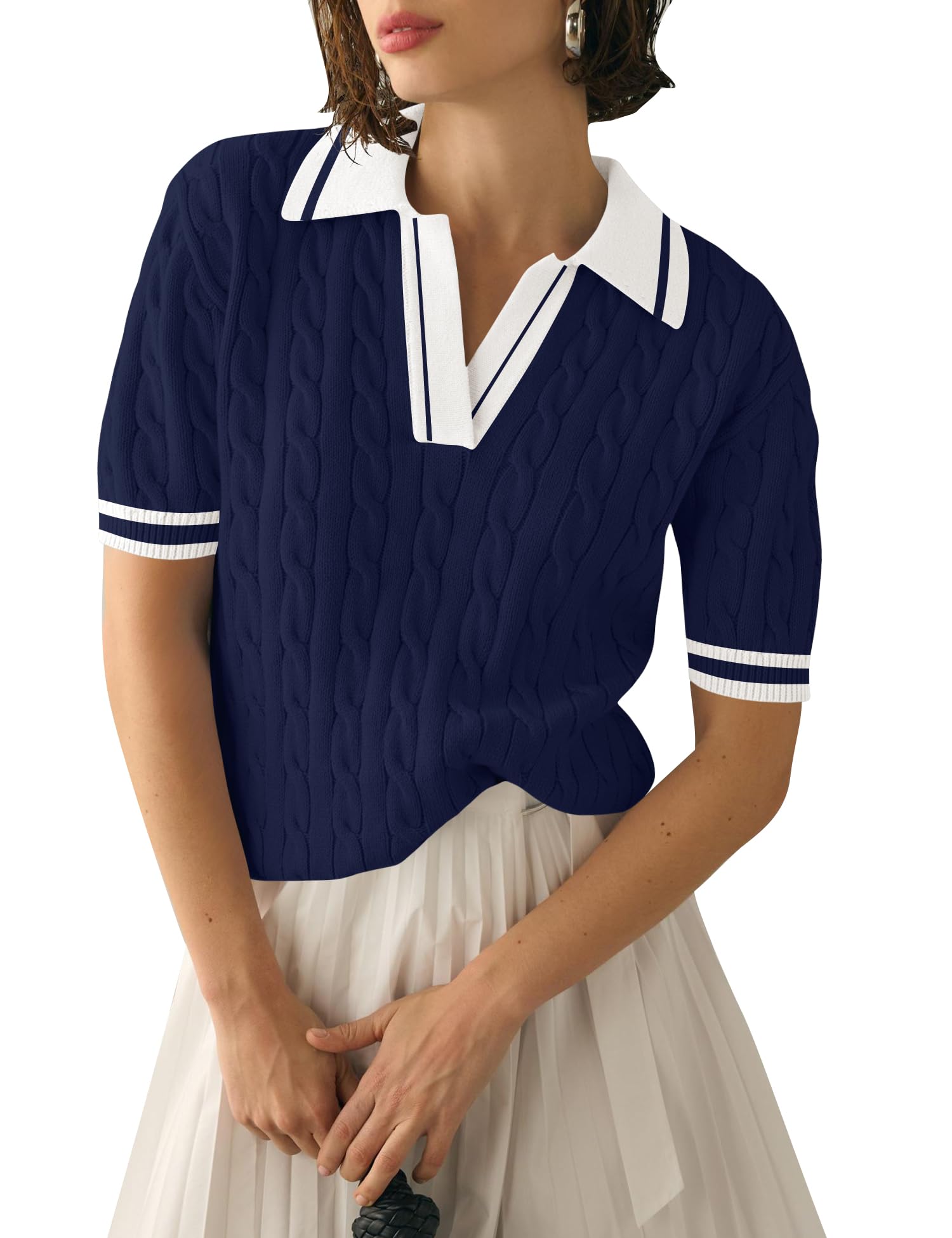 Suéter Feminino Micoson Com Decote Em V, Manga Curta, Malha Azul Marinho, Branco