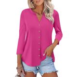 Camiseta Feminina Orandesigne, Manga 3/4, Decote Em V, Algodão Magenta