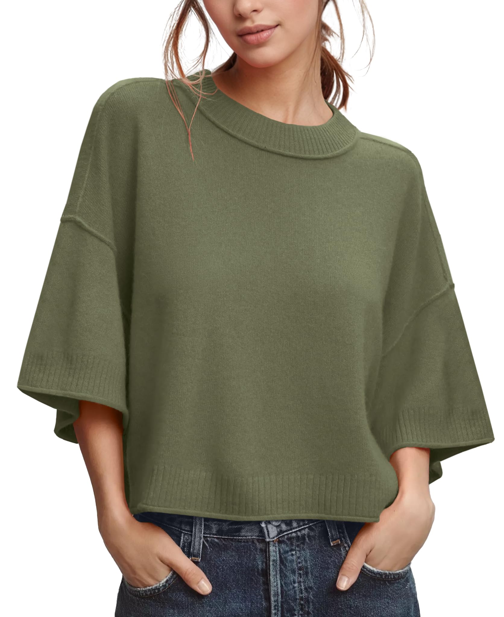 Suéter Feminino Zdc De Tamanho Grande, Manga 3/4, Cortado, Verde Militar