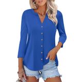 Camiseta Feminina Orandesigne, Manga 3/4, Decote Em V, Botão, Blusa