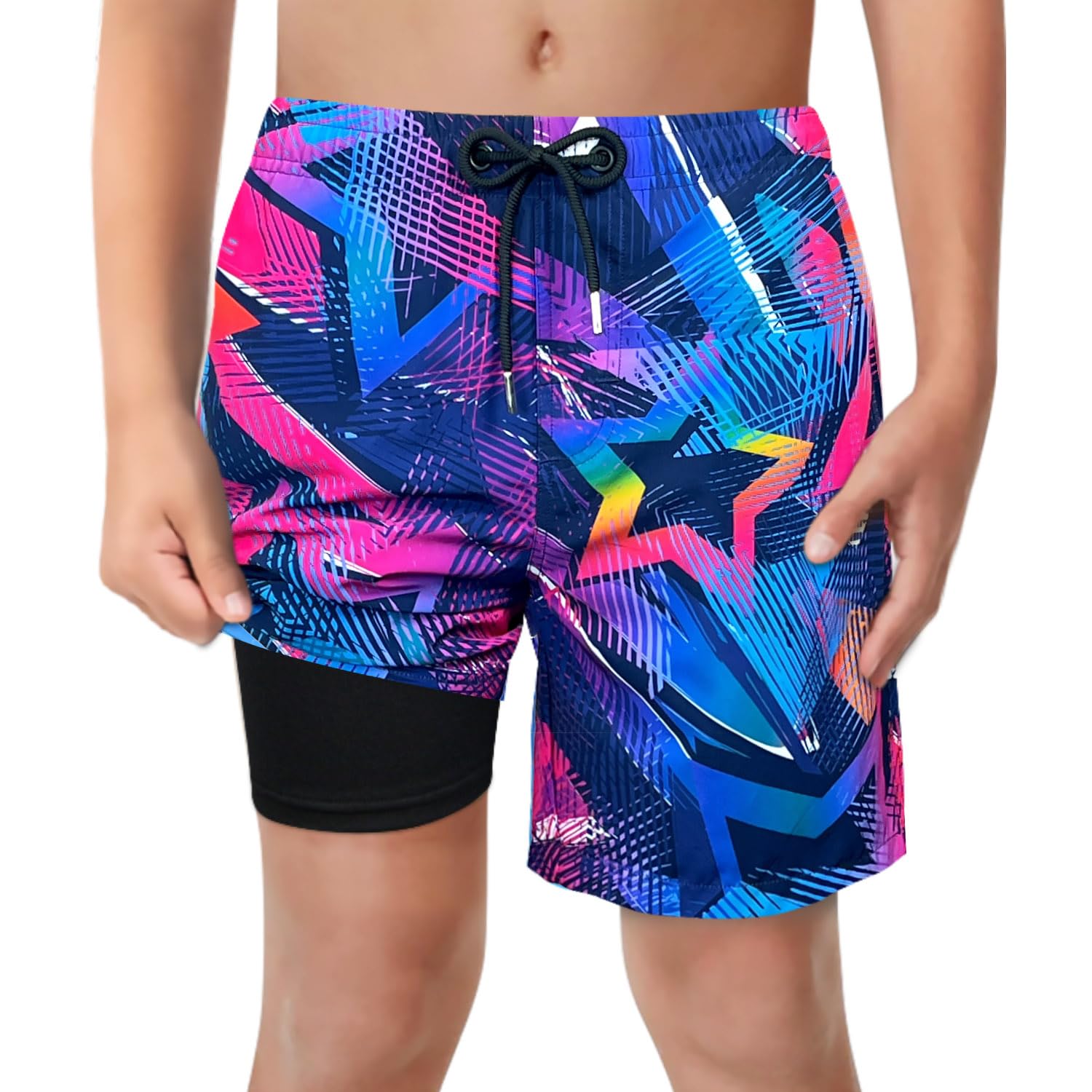 Calções De Banho Lucowee Boys Fuchsia Stars Com Shorts Macios Tamanho 7-8