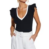 Camisa Feminina Bonitee, Sexy, Decote Em V, Manga Com Babados, Preta