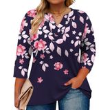 Blusa Túnica Romanstii Com Decote Em V, Manga 3/4, Estampa Azul Marinho, 4gg