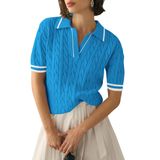 Suéter Micoson, Manga Curta Feminina, Decote Em V, Azul, Branco