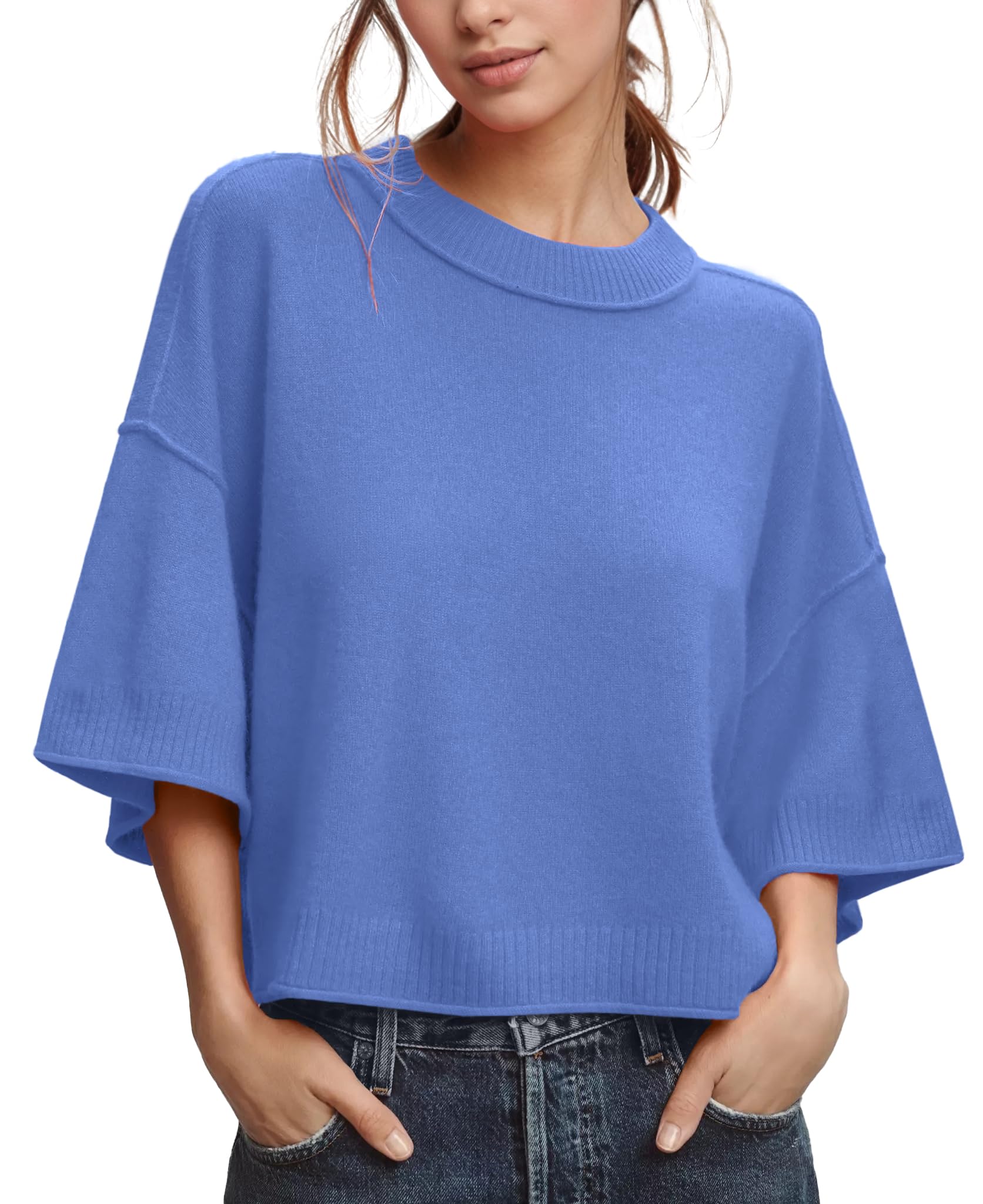 Suéter Feminino Zdc De Verão, Manga 3/4, Cortado, Azul