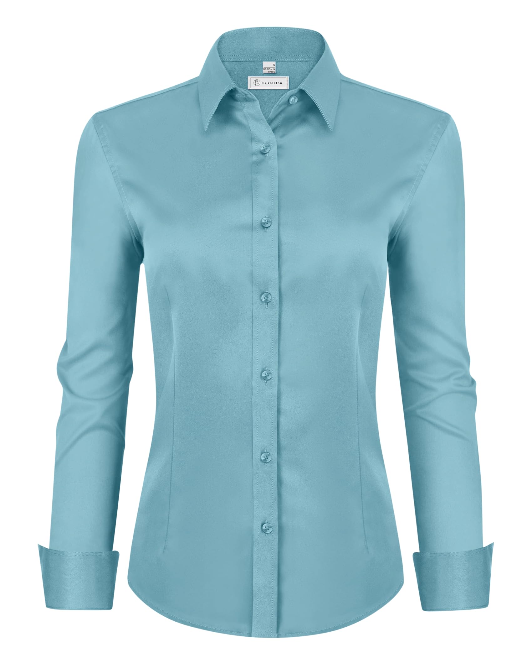 Camisas Sociais Para Mulheres Siliteelon, Manga Comprida, Azul Acinzentado Pálido