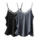 Camisola Regata Feminina Ekouaer, Renda, Decote Em V, Cetim, Preto E Cinza