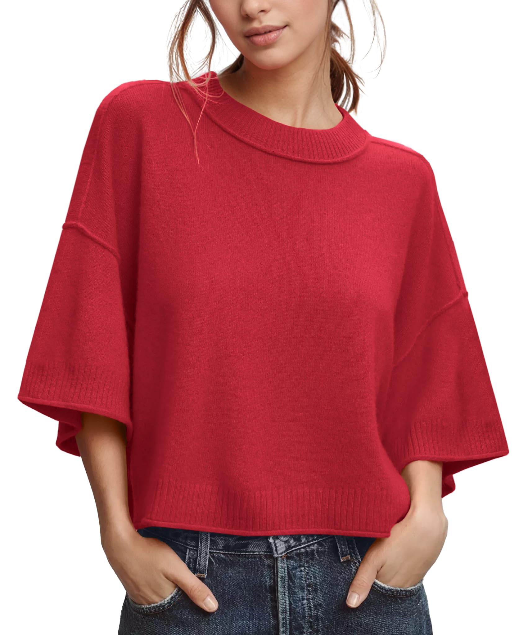 Suéter Feminino Zdc De Verão, Manga 3/4, Cortado, Vermelho