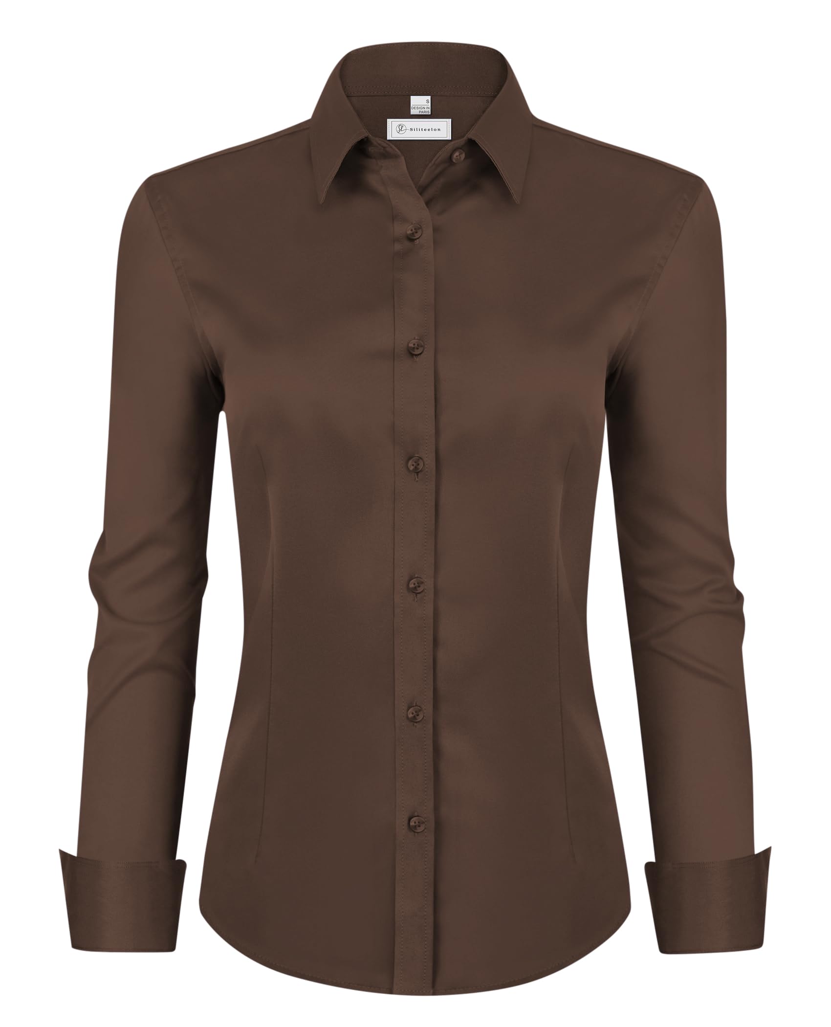 Camisa Siliteelon Button Down Para Mulheres De Manga Comprida Marrom Xs