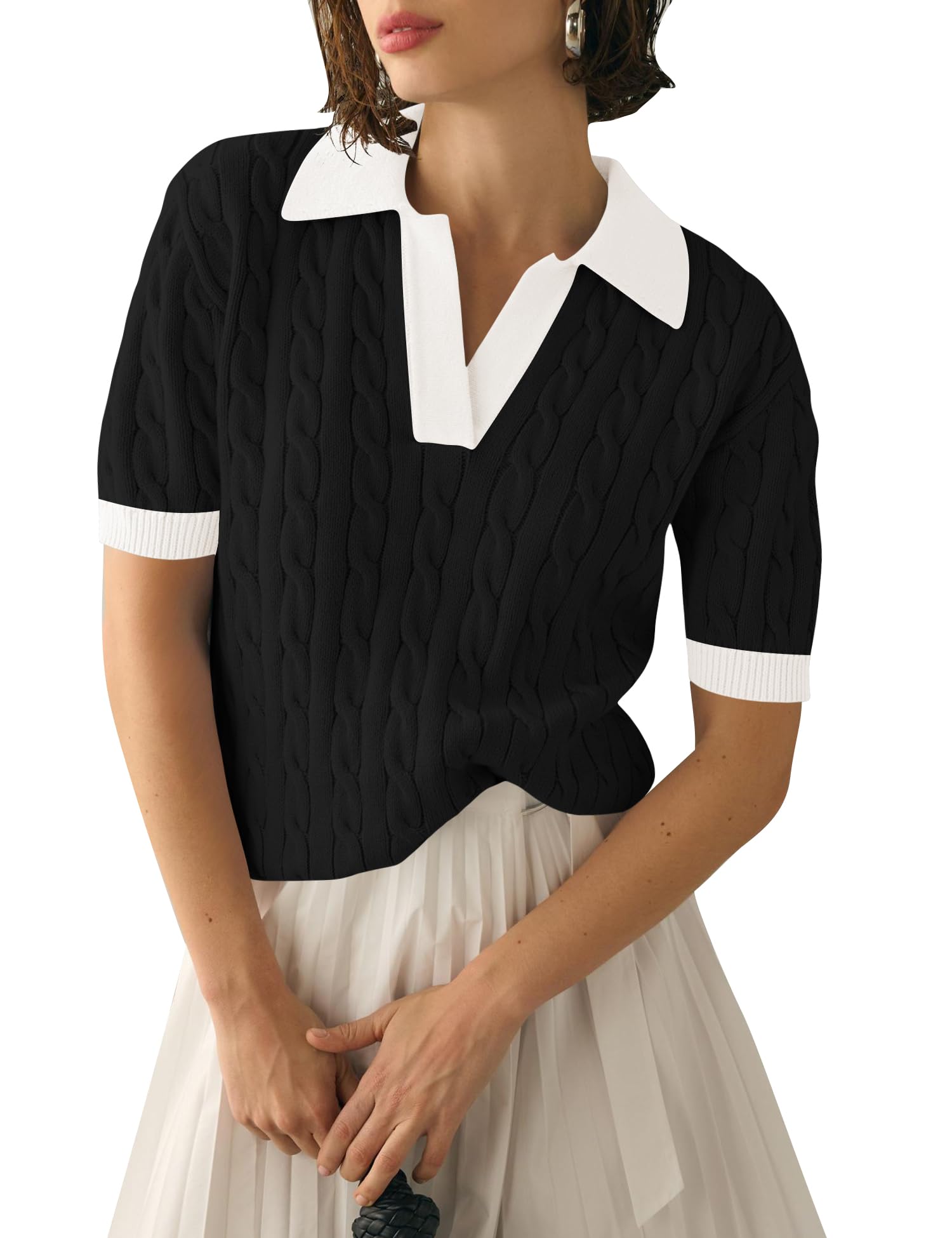 Suéter Polo Micoson Com Decote Em V E Manga Curta Para Mulheres