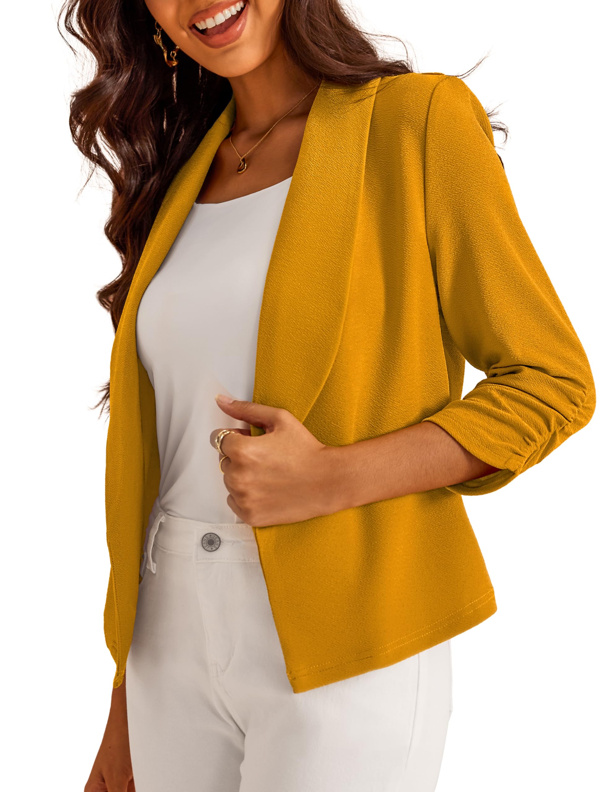 Blazer Gomamee Cortado, Manga 3/4, Frente Aberta, Mostarda, Feminino