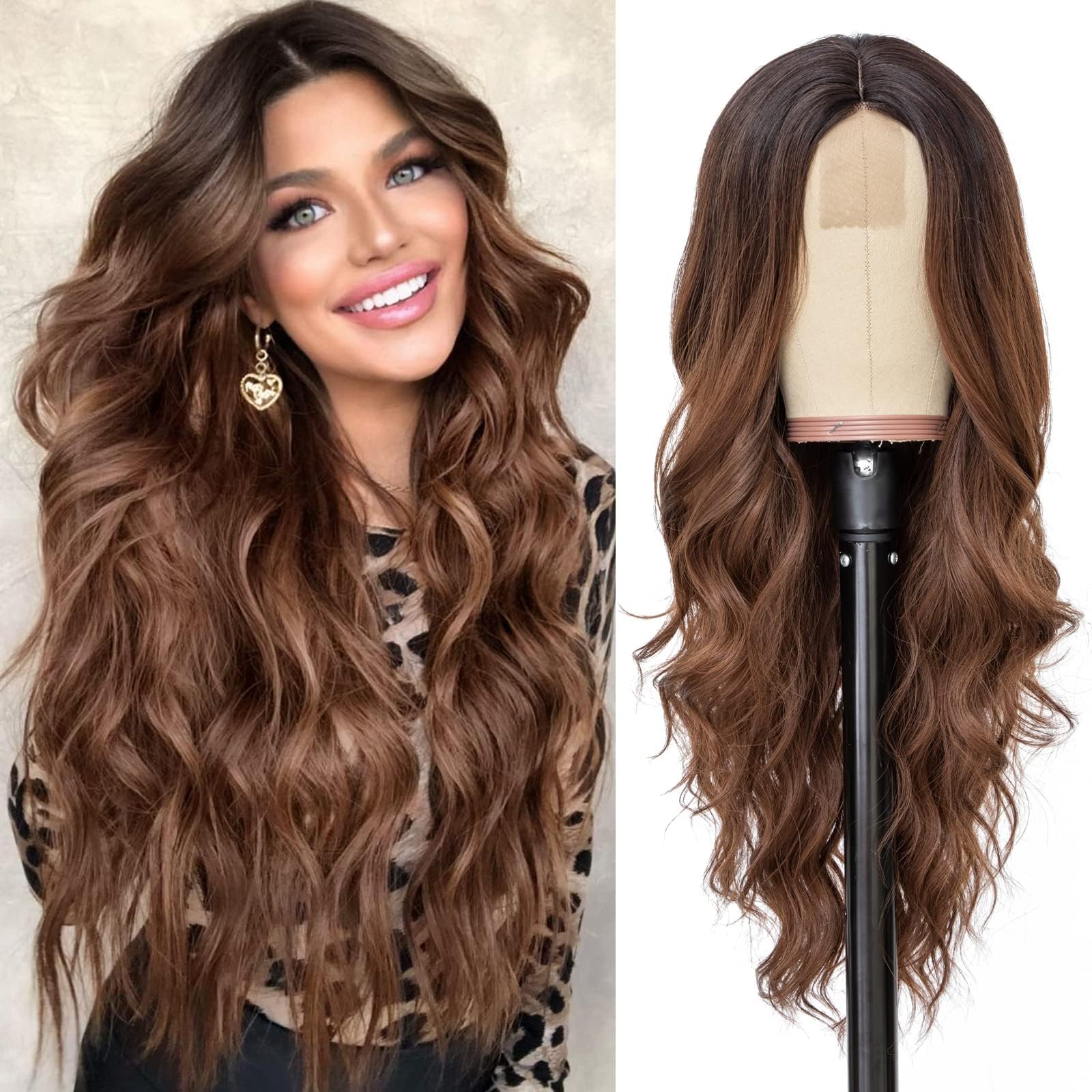 Peruca Nayoo Long Ombre Brown Wavy 66 Cm Sintética Para Mulheres