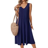 Vestido Zeagoo Plissado 2025 Summer Swing Com Decote Em V Midi Azul Marinho L